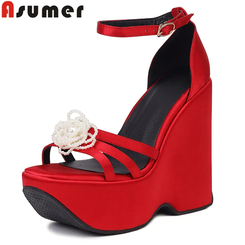 

ASUMER 2023 Size 35-43 New Flower Silk Sandals Woman Fashion Ladies Party Shoes Buckle Wedges High Heels Platform Sandals