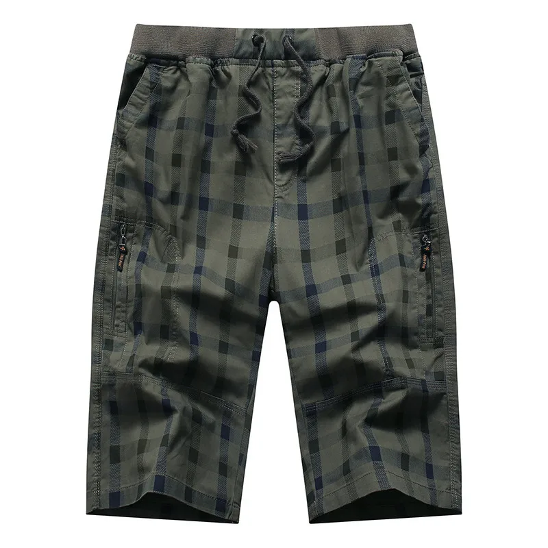 

Long Shorts Men Plaid Capris Cotton Summer 3/4 Length Trousers Back Zipper Pocket Short Pants Male Elastic Waist Breeches Men