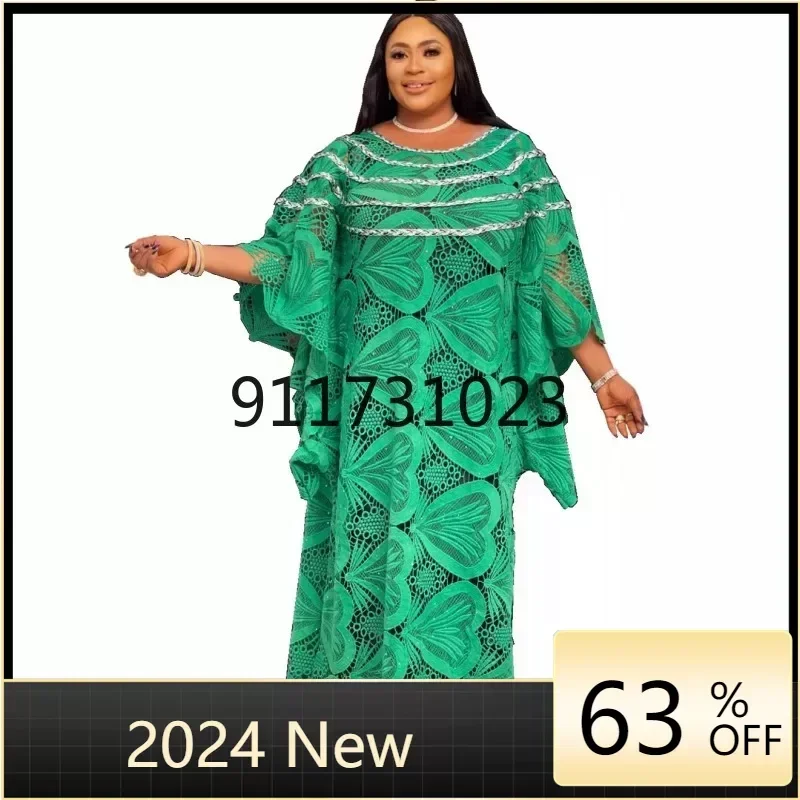 

African Lace Maxi Dress Women Robes 3/4 Sleeve Loose Boubou Fashion Solid Hollow Out Streetwear African Traditional Dresses Gown