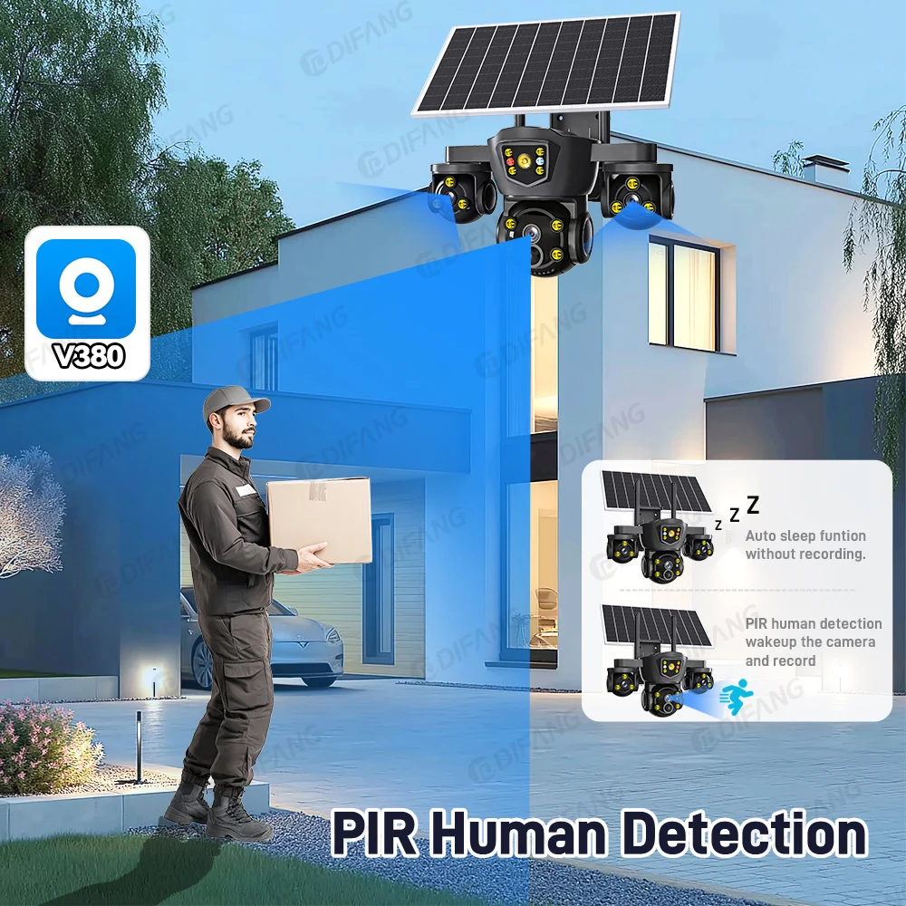 V380 Pro Triple Screen Solar Security Camera Outdoor Triple Lens, WiFi Battery CCTV External WiFi Cam 4