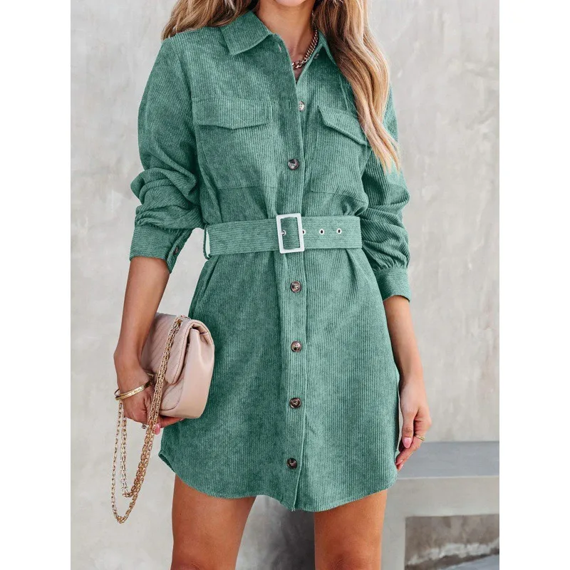 

Women's Lapel Casual Corduroy Long Sleeved Dress Belt Autumn Commuting Woman Elegant Single Breasted High Waist Shirt Dresses
