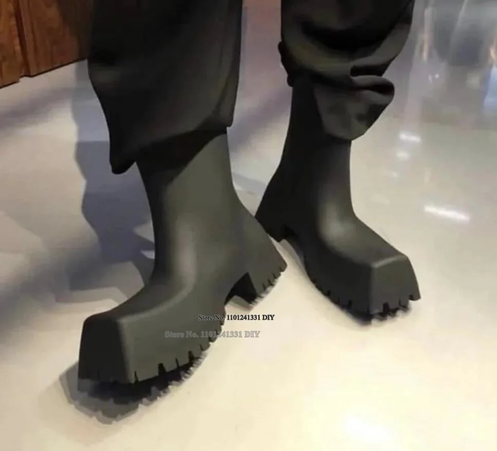 

Square Toe Thick Platform Black Rubber Rain Boot Women and Men Chunky Heeled Ankle Boots Plus Size 35 To 46 Shoes Botas