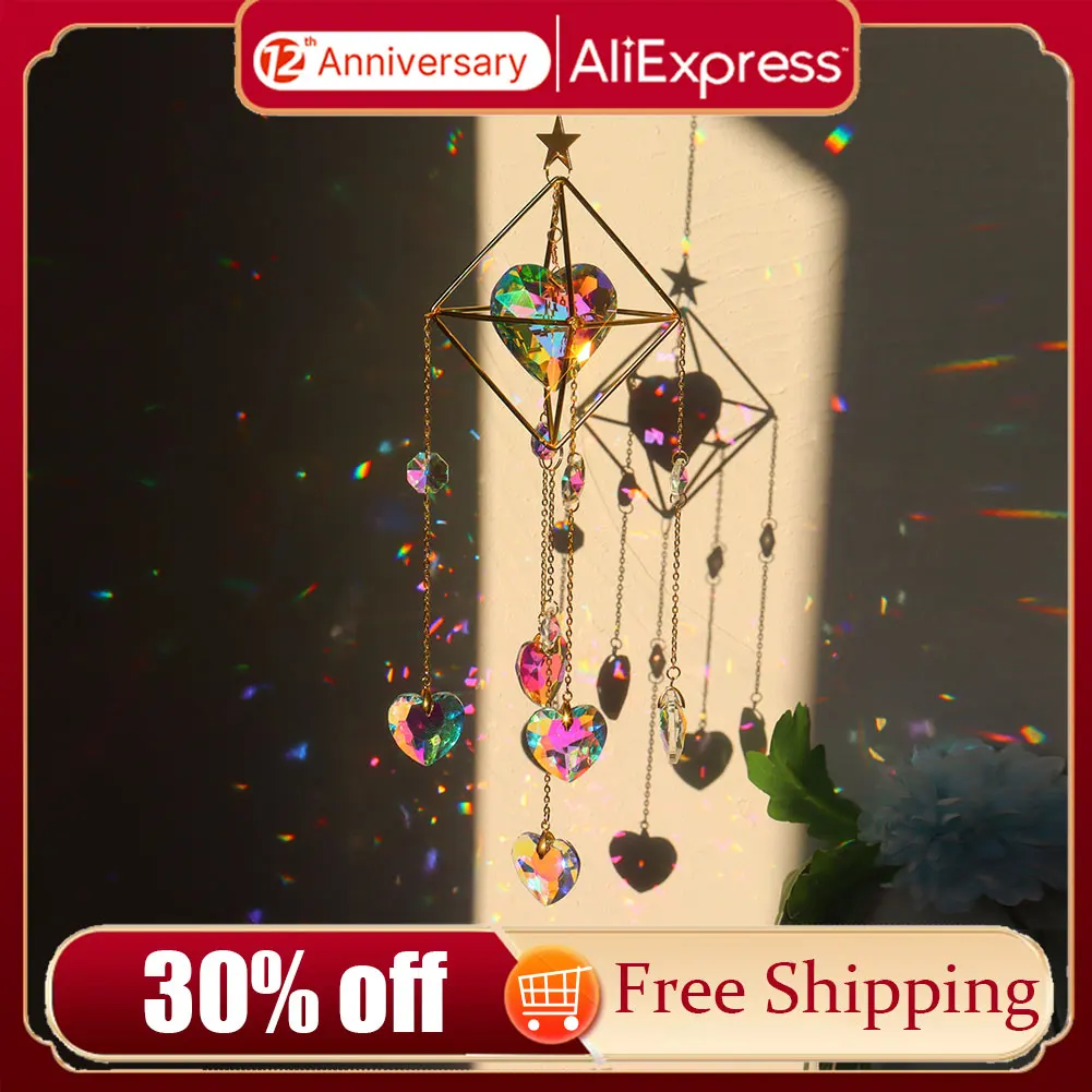 Crystal Windchime Love Heart Pendant Hanging Wind Chimes Sun Catchers Window Rainbow Chaser Outdoor Garden Home Decor Gifts