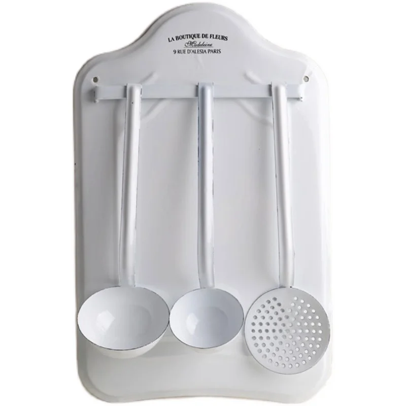 Vintage French Style Kitchen Utensil Set with Wall Mount, White Enamel, 3 Pieces, 12x18 inches