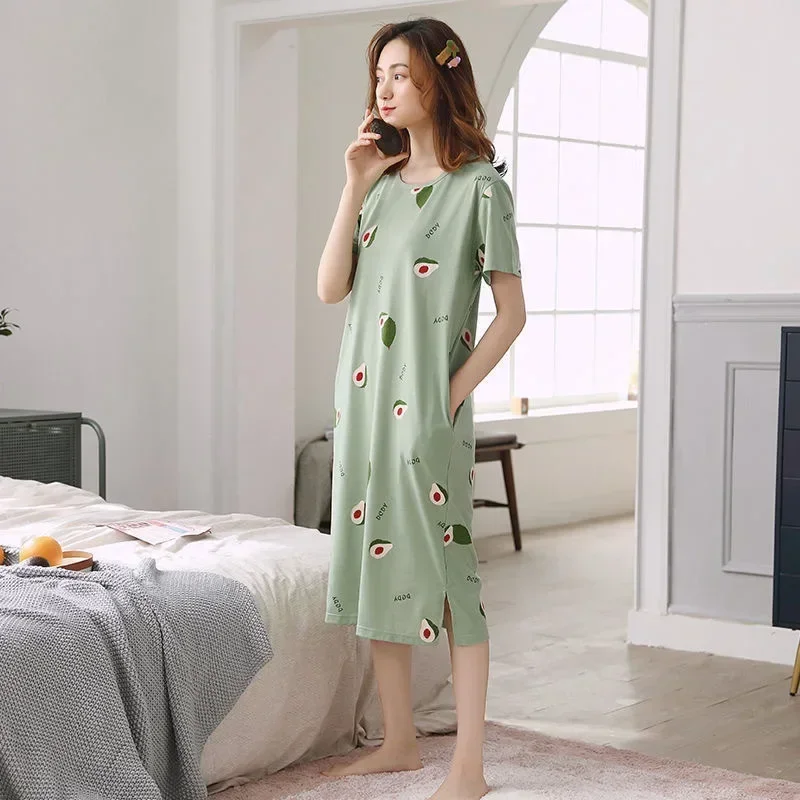 Women Sleeping Dress Korean Short Sleeve Nightgown Summer Plus Size Ladies Sleepwear Lounge Cartoon Print Pajamas Cute