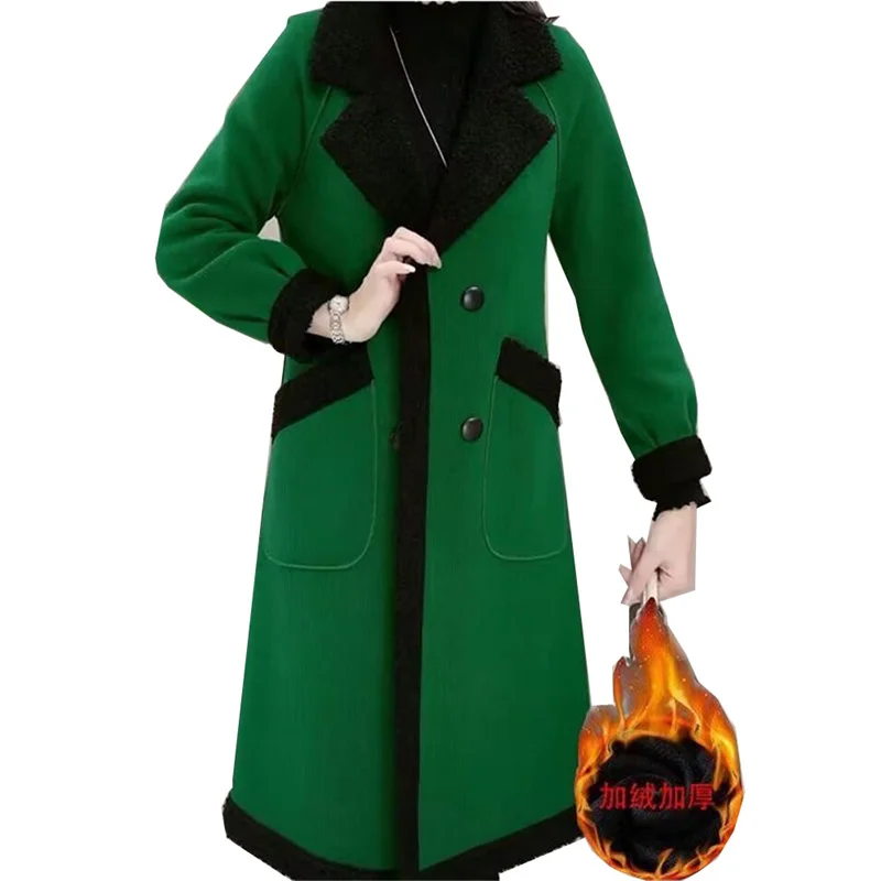 Two Side Wear Velvet Thicke Blend Woolen Coat Women's Long Lamb Wool Coat 2024 Winter New Mid Aged Mom Warm Over Knee Plaid Coat