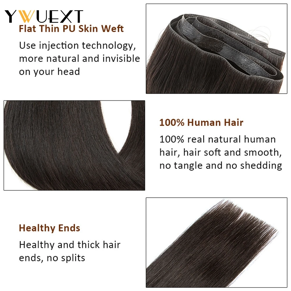 YWUEXT-mechones de cabello humano de inyección Invisible, extensiones de cabello de trama de piel PU, recto Natural, 120cm de ancho, 80-100g, 12 