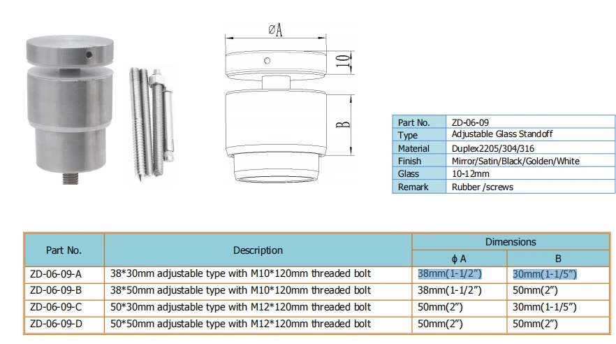 Description Picture 2 of itemBuilding Hardware Stainless Steel 316 Glass Clamp Adjustable Standoff