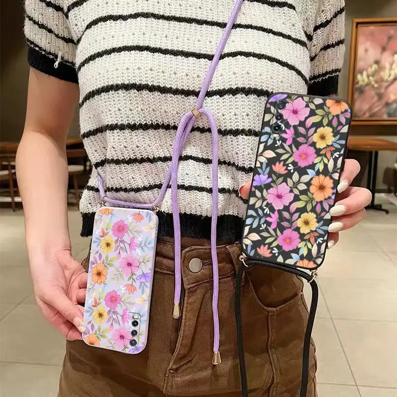 Purple Flowers Lanyard Silicone Phone Case Cover