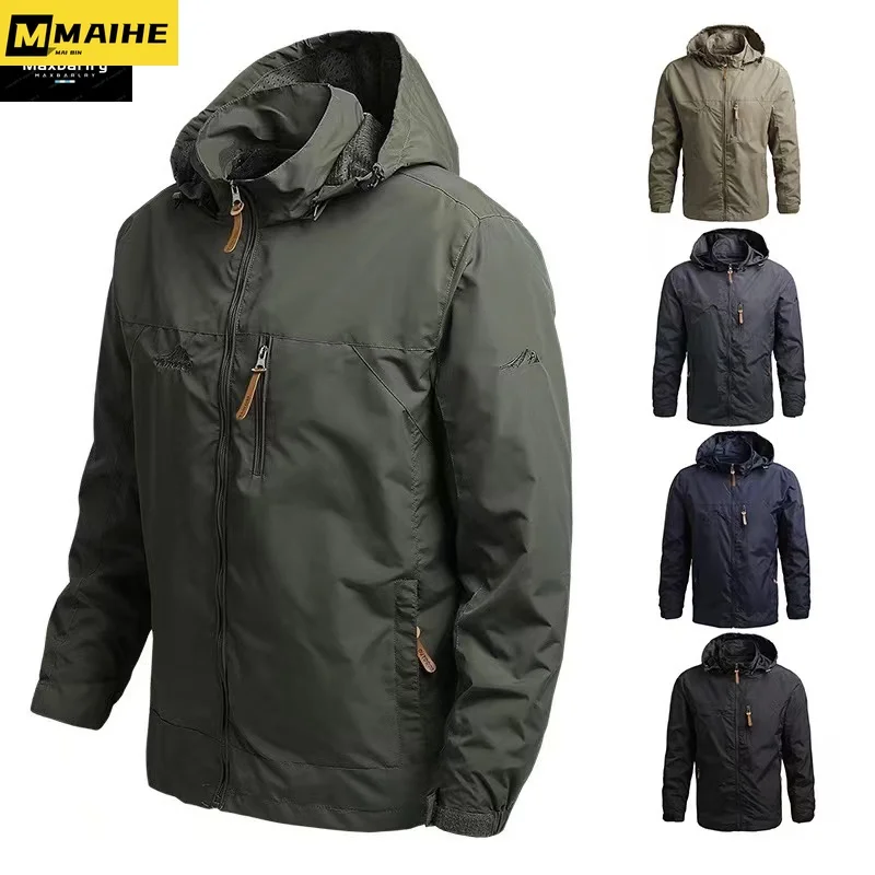 Camping Jacket Men's Autumn Bomber Jacket Casual Tactical Waterproof Soft Shell Hiking Hooded Coat Men's Retro Work Clothes