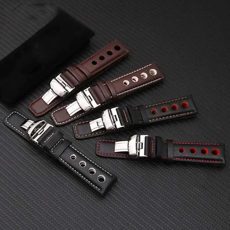 Watchband 20mm Genuine Leather Strap for PRS516 Men‘s Watches Band with Butterfly Clasp Black Brown Soft Cowhide Belt