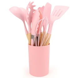 12-Piece Silicone Kitchen Utensil Set with Non-Stick Wood Handles and Storage Bucket (Pink)