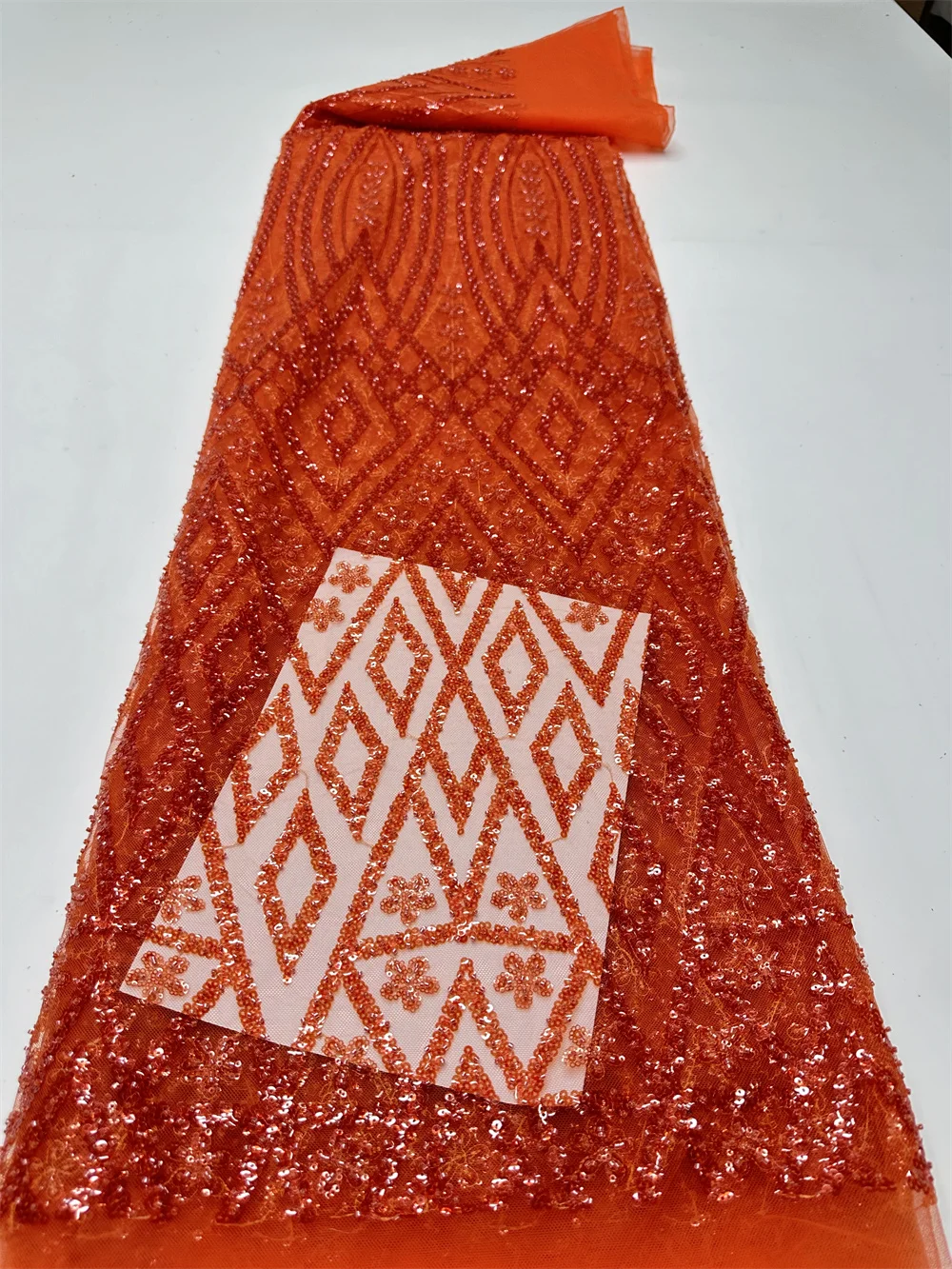 

Orange African French Mesh Lace Fabric Sequins 2024 New Luxury French Tulle Groom Lace for Nigeria Bridal Wedding Dresses Sewing