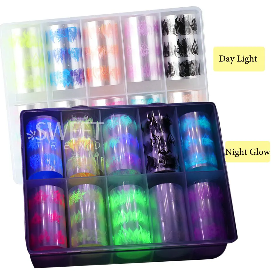 10 Roll/Box Fluorescent Fire Flame Nails Manicure Foils Neon Spark Design Transfer Stickers Halloween Series Starry Parper Decor