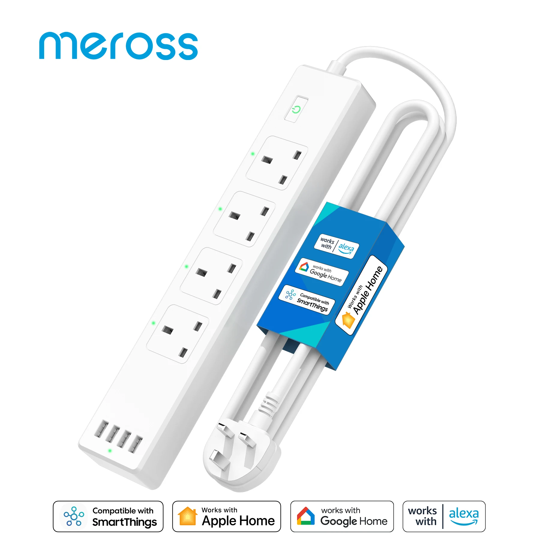 Meross Homekit Smart Power Strip Tomada do Reino Unido com Soquetes e Portas Usb Extensão Wifi Funciona com Alexa Google Smartthings