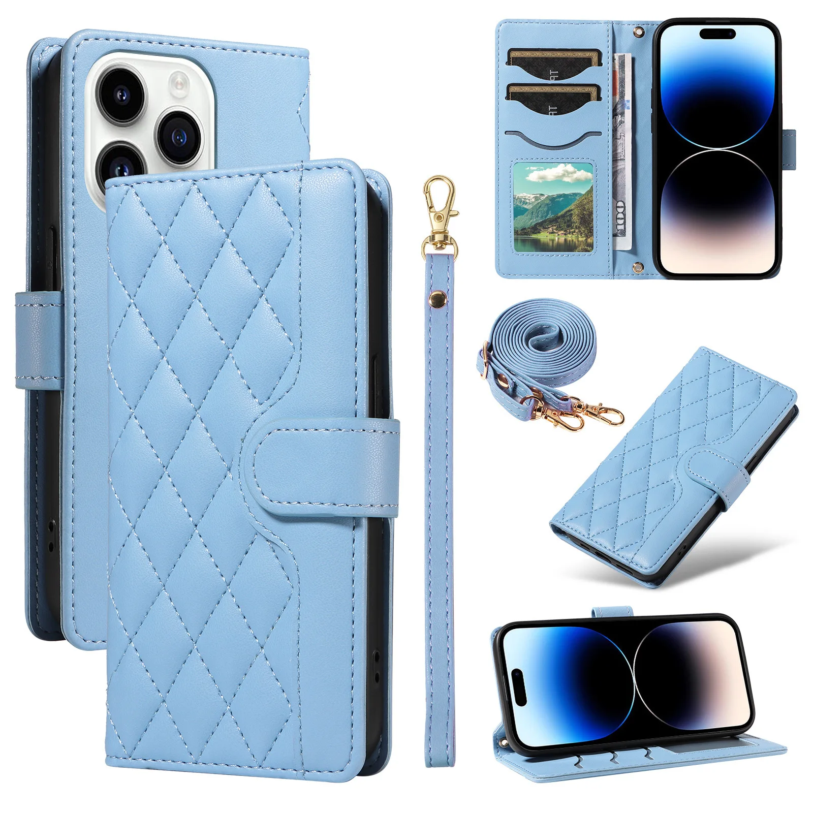 Luxury Leather Crossbody Wallet Case with Multi-Card Holder and Handy Strap Flip Cover