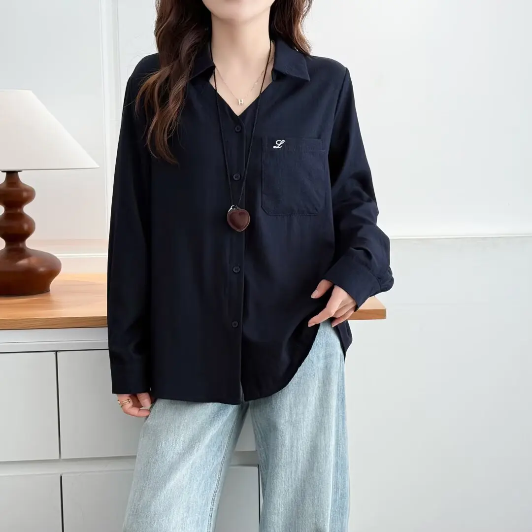 Fashion Plus Size Women's Blouses Elegant Embroidered Pocket Long Sleeve Shirt Stylish Autumn Lyocell Tops 626