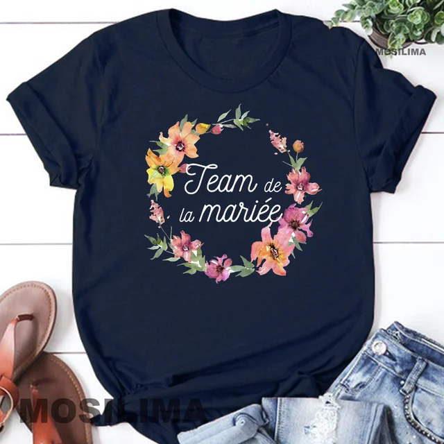 Team Bride Bachelorette Wedding Party Women Evjf Tee Shirt Casual ladies basic O-collar Pink Short Sleeved T-shirt Girl Navy blue1