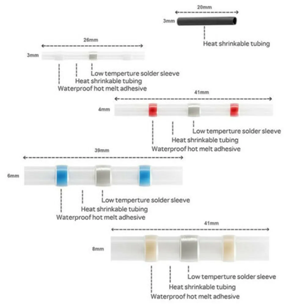 100PCS Waterproof Solder Seal Heat Shrink Butt Wire Connectors Terminals Electrical Copper Welding Sleeve Sealed Sleeve With Box