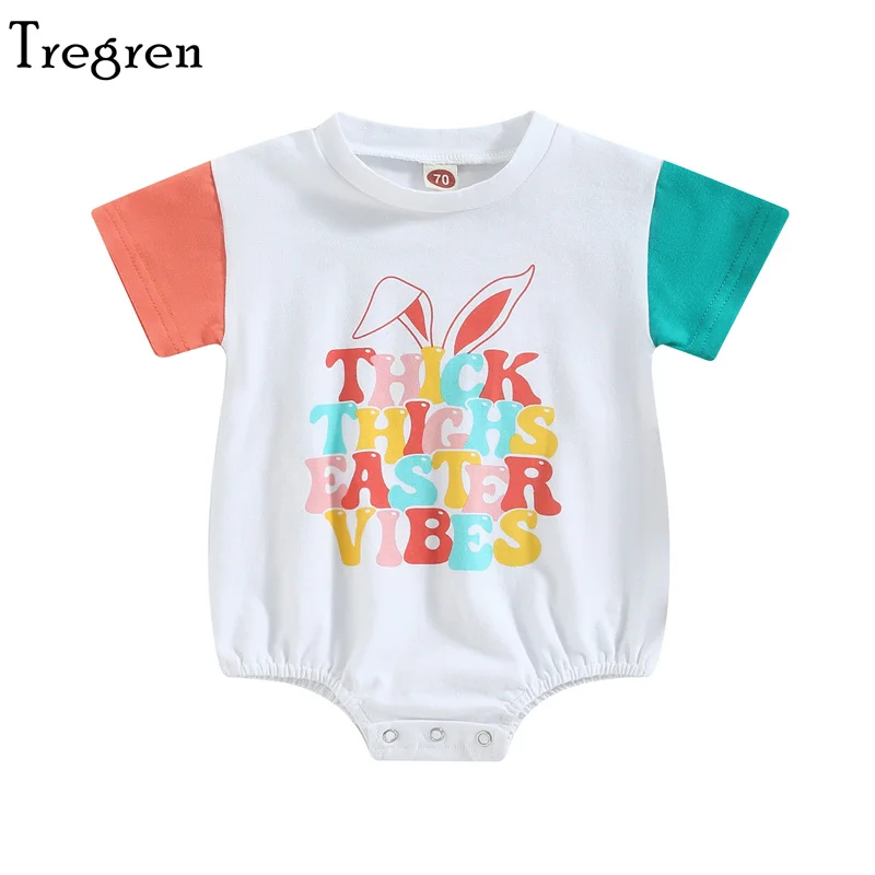 

Tregren 0-24M Easter Newborn Infant Baby Girls Romper Summer Bunny Letter Print Contrast Color Short Sleeve Jumpsuit Outfits
