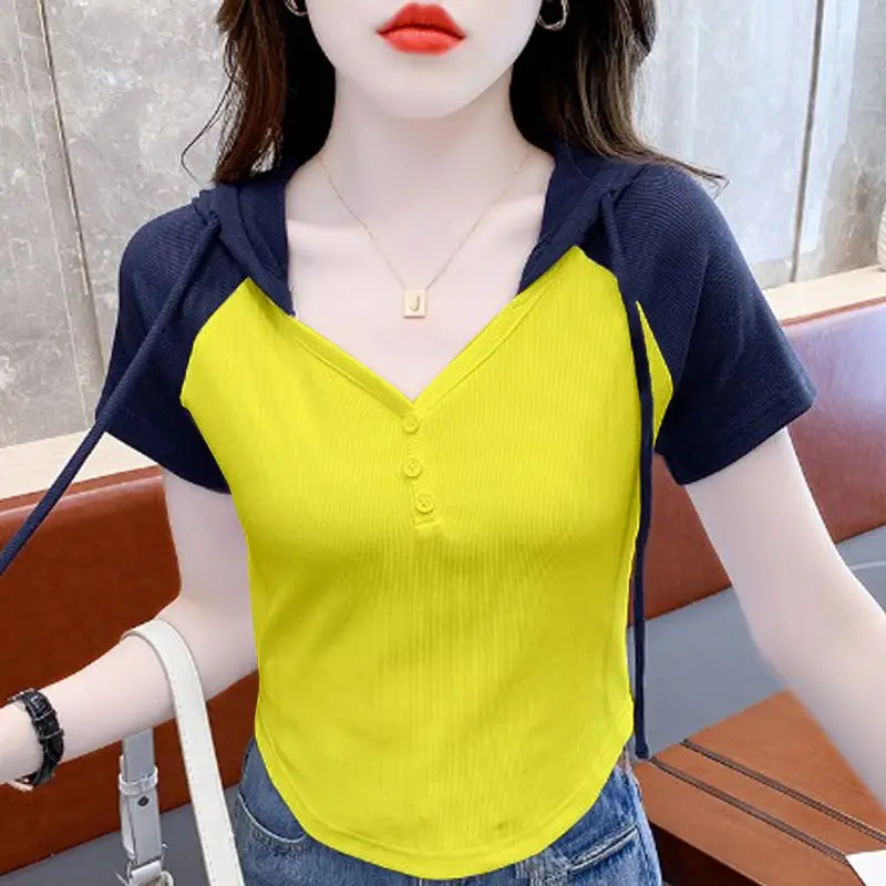 Fashion Spliced Button Lace Up All-match Hooded Blouse Women's Clothing 2023 Summer New Oversized Casual Pullovers Sweet Shirt