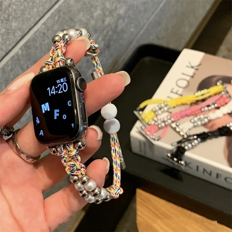 

Ремешок нейлоновый для Apple Watch Band 41 мм 40 мм 38 мм, женский браслет с жемчугом для Iwatch 9 8 7 6 5 4 SE 44 мм 45 мм 42 мм 49 мм