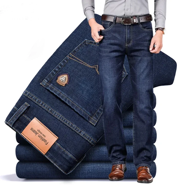 

2023 Autumn Spring Fitted Straight Stretch Denim Jeans Classic Style Badge Youth Men's Business Casual Jeans Trousers Plus Size