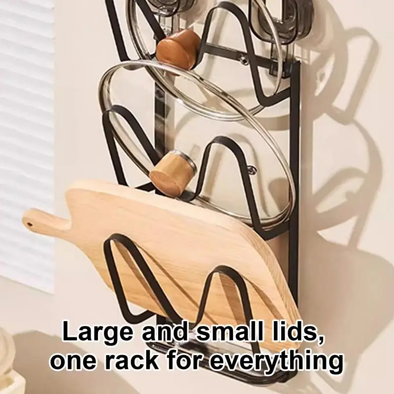 Pot Lid Holder Wall Mount Hangings Pan Shelf No-Drill Adhesive Mount Pan Holder Kitchen Floating Shelf 3-Layer Pot Lid Drainage 4