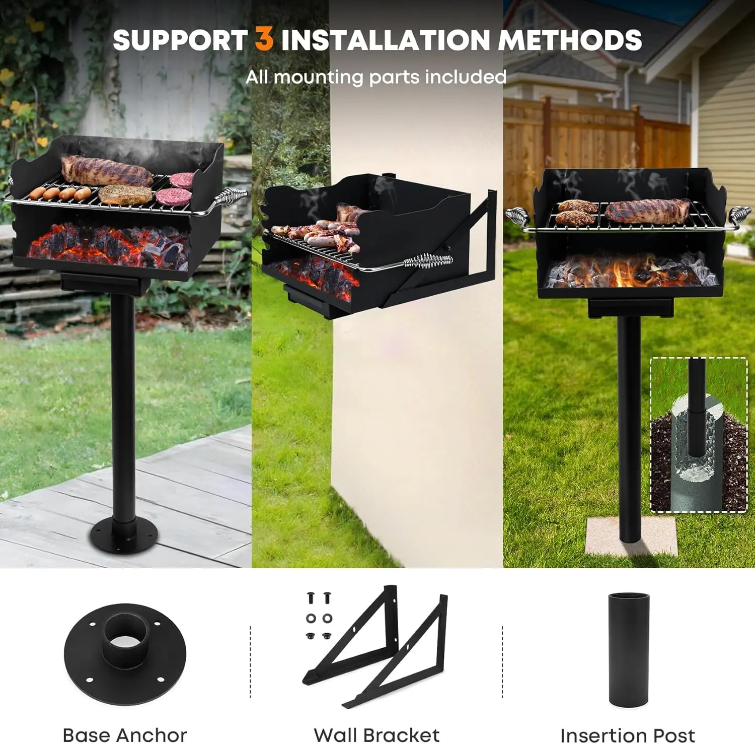 Park-Style Charcoal Grill, Heavy Duty Steel Outdoor BBQ Park Grill with Stainless Steel Cooking Grate and Post for Backyard