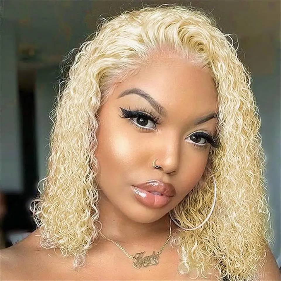 

Curly Bob Human Hair Lace Frontal Wig 13x4 Transparent Lace Front Wig Deep Water Wave Wigs With Baby Hair Blonde Colored Wigs