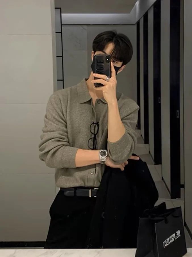 Core-spun yarn knitted cardigan jacket khaki