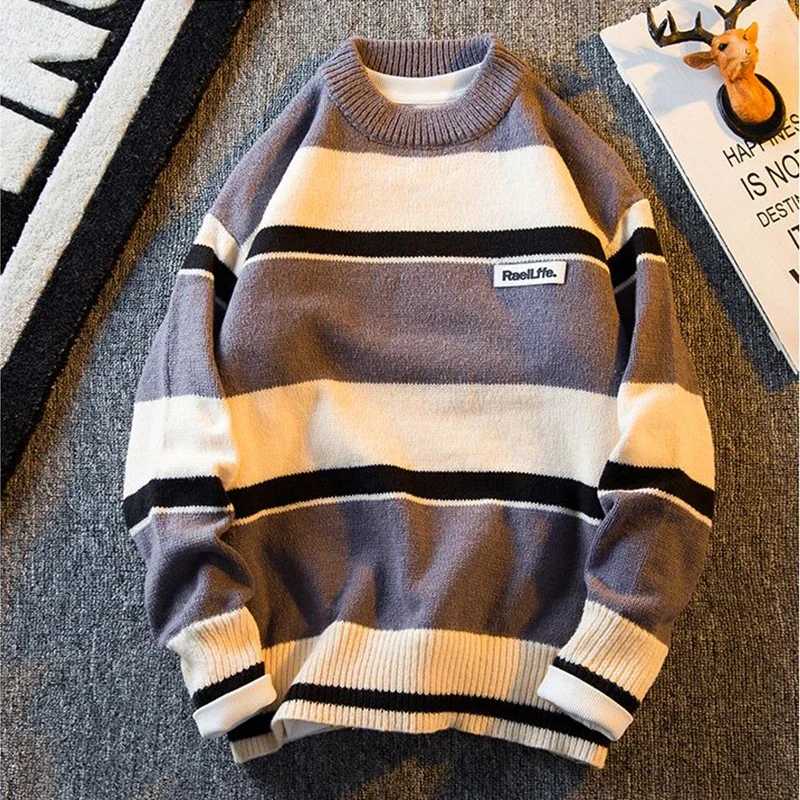 Contrast Striped Patchwork Sweater with A Lazy Design for Men and Women High-end Round Neck Couples Knit Sweater and Sweater Y2k
