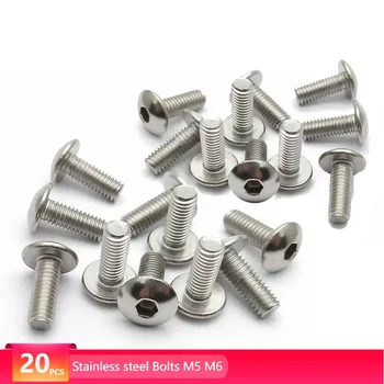 20pcs Stainless steel Big Flat Round Head Inner Hexagon Screw Bolt M6 6mm M5 5mm for Motorcycle Scooter ATV Moped Plastic Cover