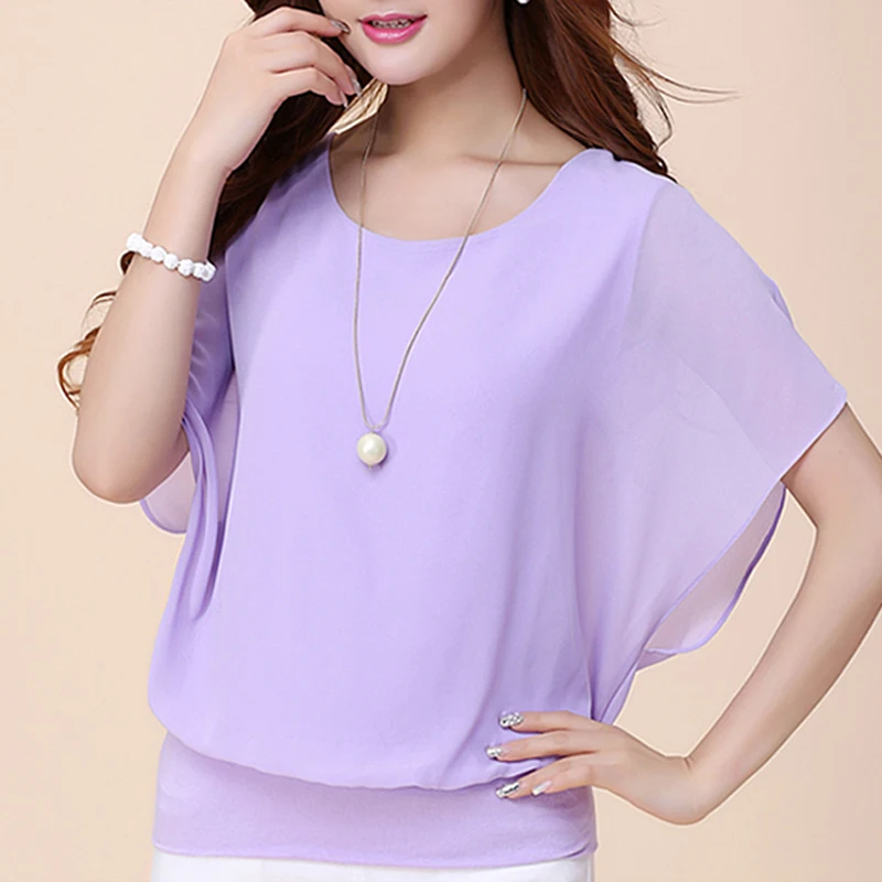 Solid Color O Neck Loose Pullover Batwing Sleeve Ruffle Shirts Chiffon Short Blouse Casual Summer Women Top Female Clothing