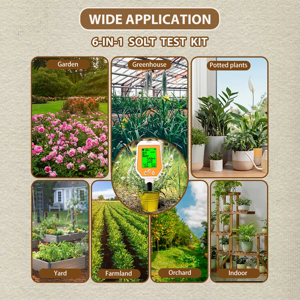 Soil Meter Digital pH Moisture Fertility Light Temp Humidity Analyzer for Garden