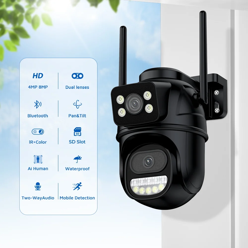듀얼 렌즈 야간 투시 감시 카메라, AI 인간 감지, ONVIF 무선 야외 보안 PTZ IP 카메라, ICSEE, 4K, 8MP 와이파이
