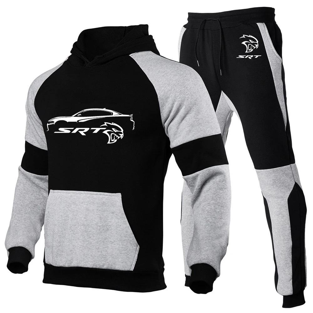 SRT Hellcat 2023 men's new long-sleeved cotton splicing hooded sweater printed warm pullover jacket+pants casual sportswear suit