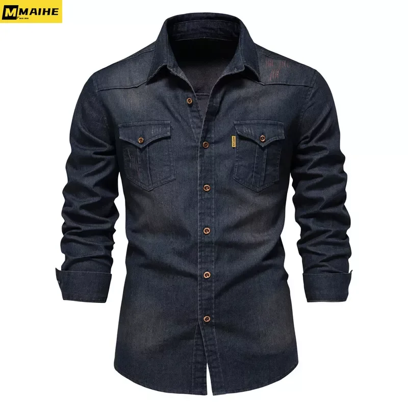 

2023 Spring Fashion US Size Cotton Long Sleeve Denim Shirts Men's Casual Solid Color Pocket Men High Quality Shirts Streetwear