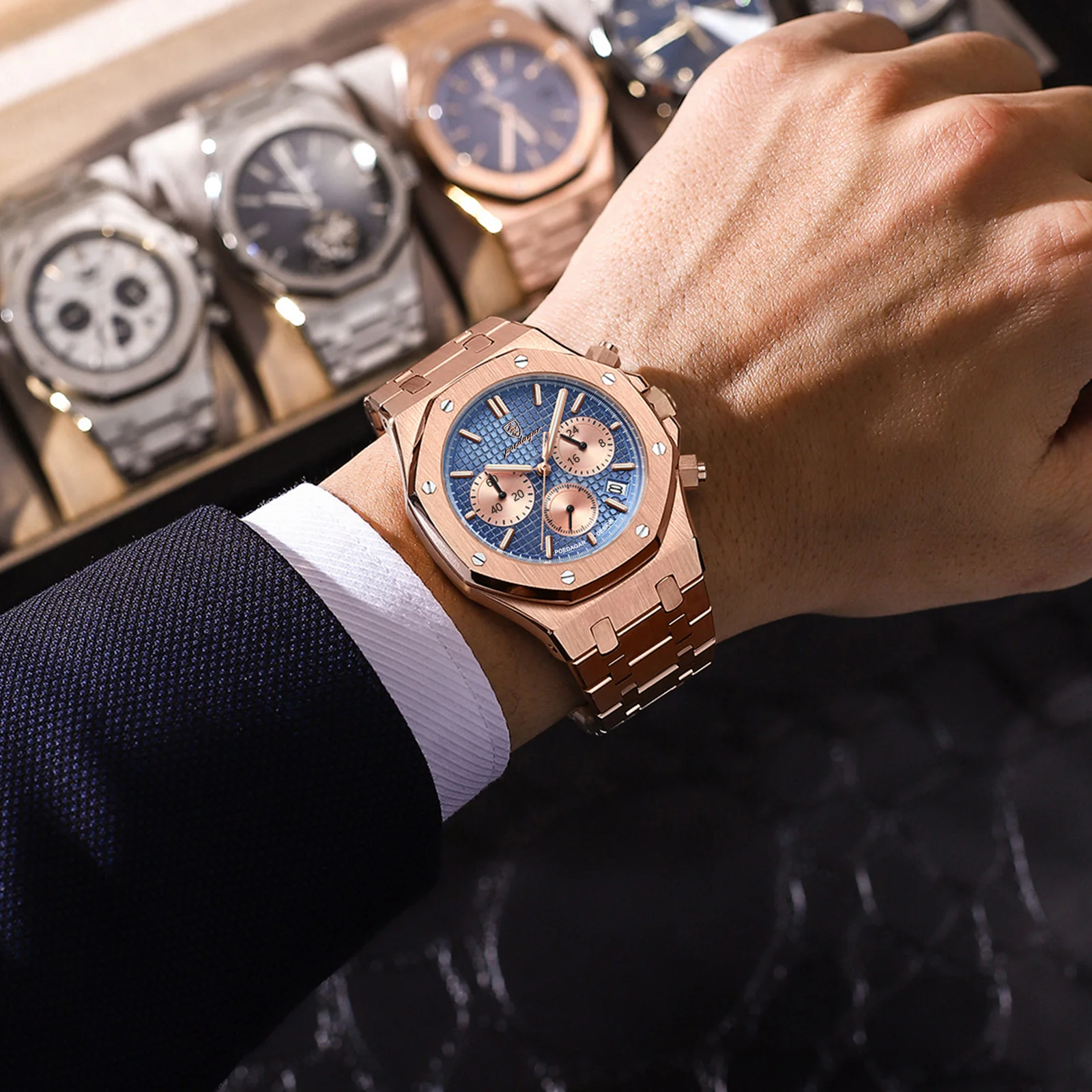 POEDAGAR Classic Men's Watches Trend Fashion Original Quartz Watch for Man Waterproof Fine Steel Chronograph Wristwatch Date 5