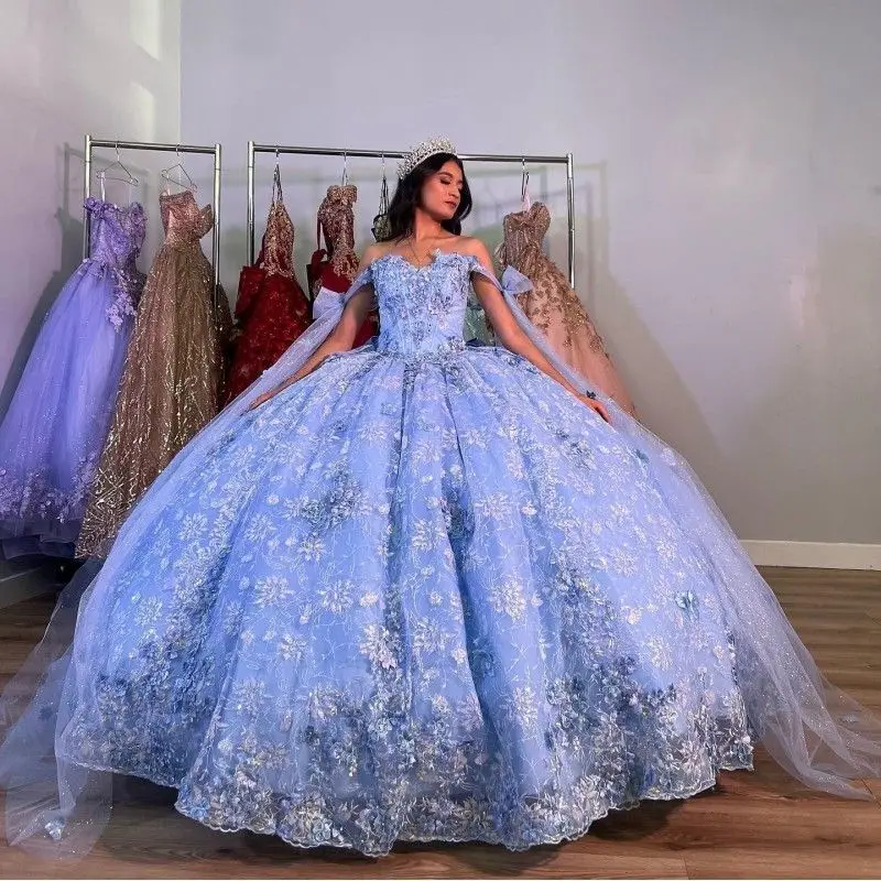 

Lorencia Princess Blue Quinceanera Dress 2023 Ball Gown Lace Applique Sequins Beaded Bow Sweet 16 Vestidos De XV Anos YQD390