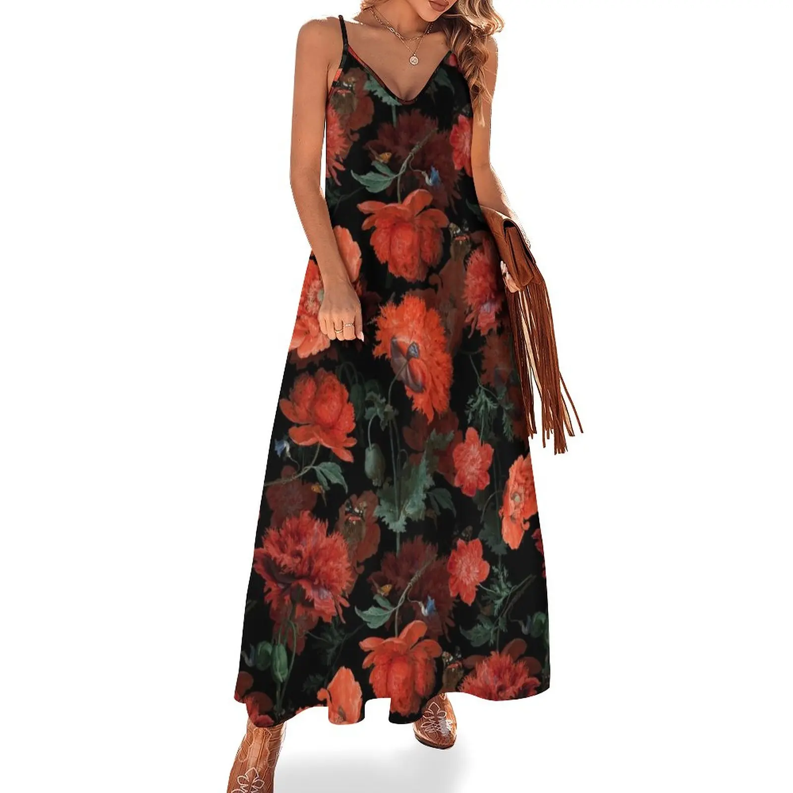 

Женское винтажное платье без рукавов, длинное платье красного цвета с изображением цветов мака и Ботанического ночного сада, платье на день рождения, Jan Davidsz. de Heem