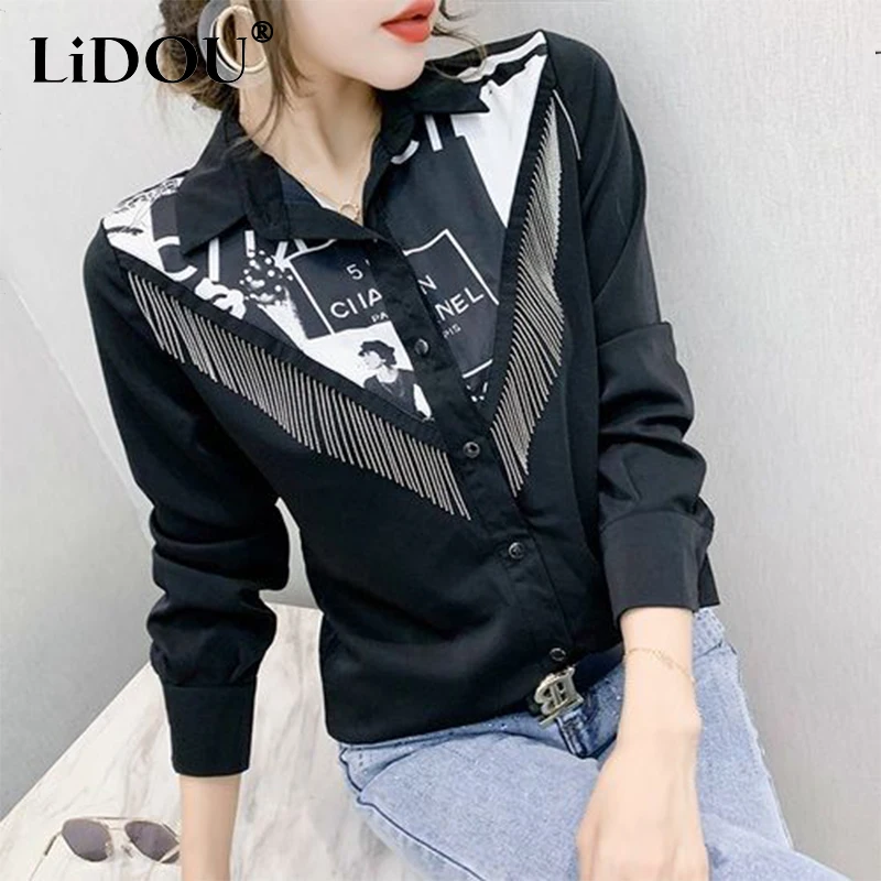 spring autumn Polo-neck printing tassel shirt female buttons long sleeve elegant fashion blouse women vintage loose casual top