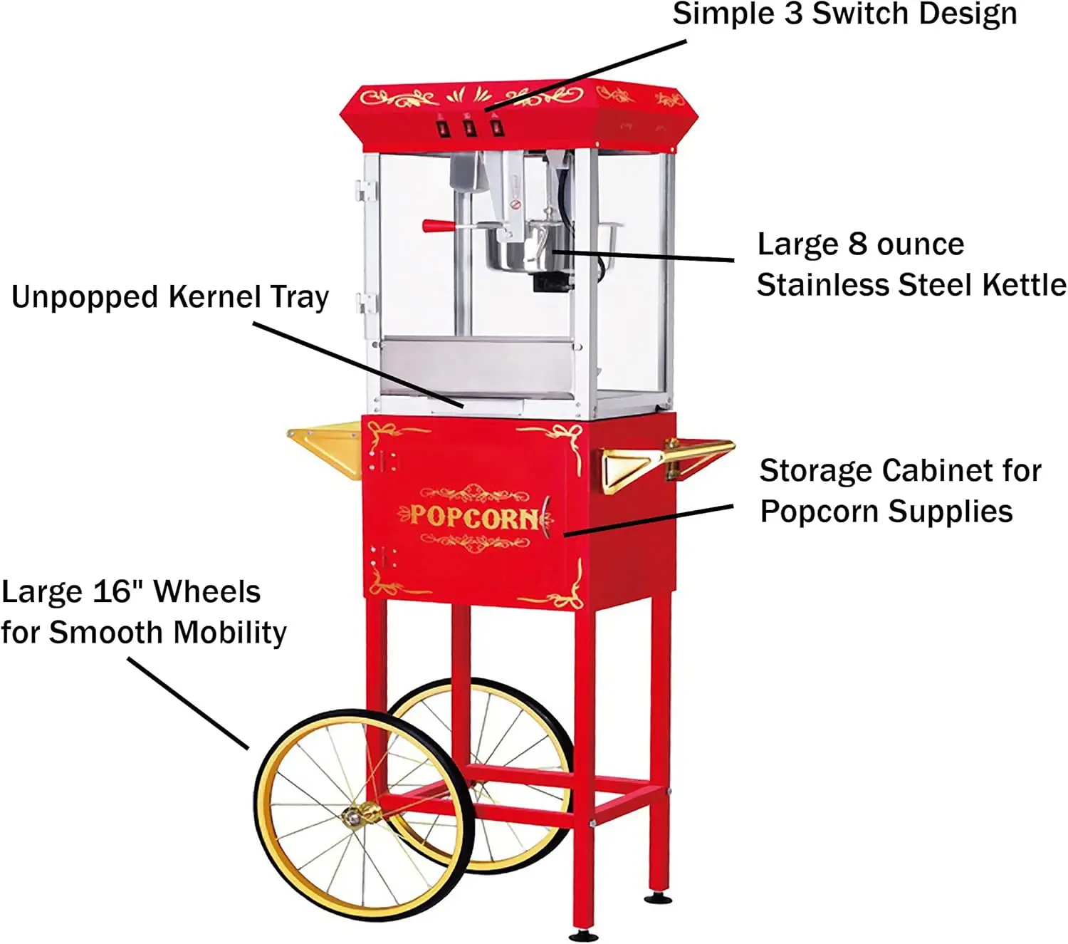 Popcorn Machine with Cart 8oz Popper with Stainless-Steel Kettle, Warming Light