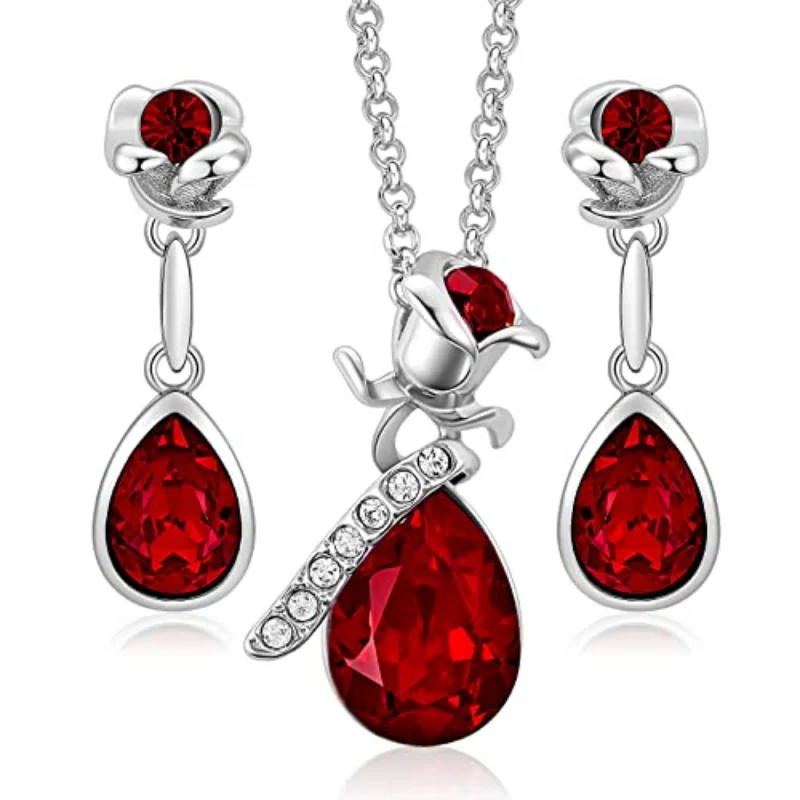 Fashion Ruby Rose Flower and Droplet Shape Pendant Necklace Earrings Set For Women Banquet Wedding Anniversary Jewelry Set Gift