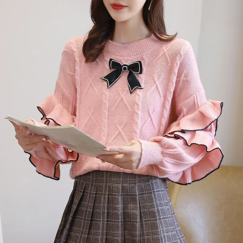 

2023 Autumn Winter Elegance Retro Loose O-Neck Sweater Female Bowknot Lotus Edge Fashion Solid Color Knitted Sweater for Women