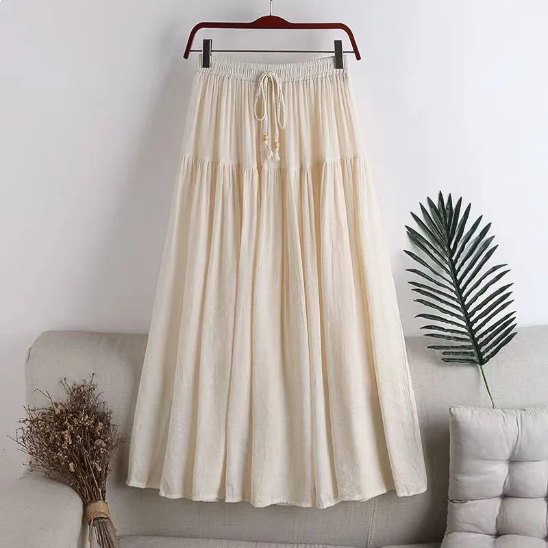 

Lucyever Summer High Waist A-Line Skirts Female Casual Simple Drawstring Long Skirt Women Vintage Street Cotton Linen Skirts New