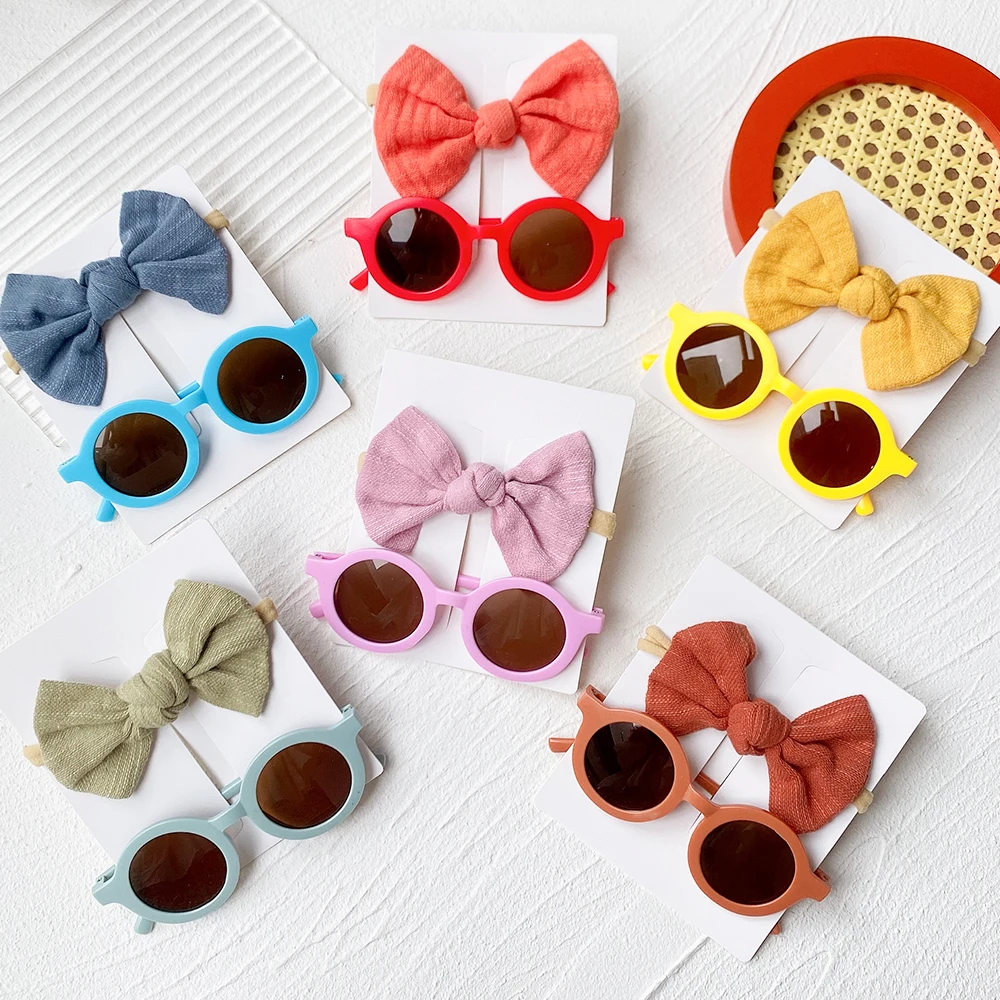 2Pcs/Pack Vintage Kids Summer Baby Bows Headband Round Sunglasses Children Sun Glasses Protection Glasses Hair Accessories 1pcs baby sunglasses fashion retro outdoor flowers kids children cartoon sun glasses frame girls boys protection uv400 eyewear