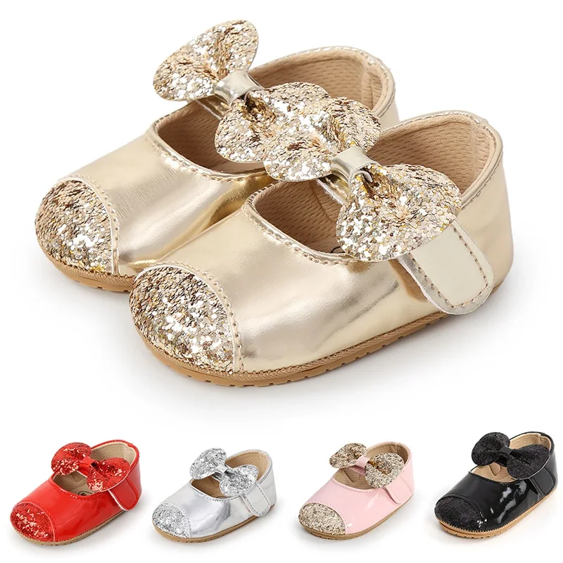FOCUSNORM 0-18M Baby Girls Boys Princess Shoes Sequins Bowknot Walking Shoes Footwear Prewalker for Infant Girls