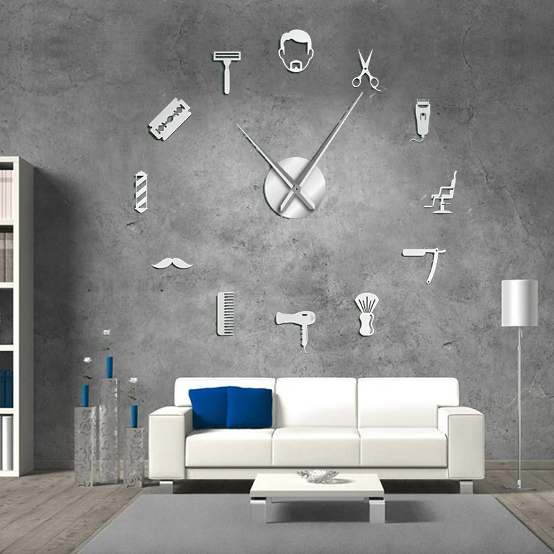 Barber Shop Giant DIY Wall Clock Modern Design Barbershop Decoration 3D DIY Wall Mirror sticker Hair Stylist Hairdresser Gift