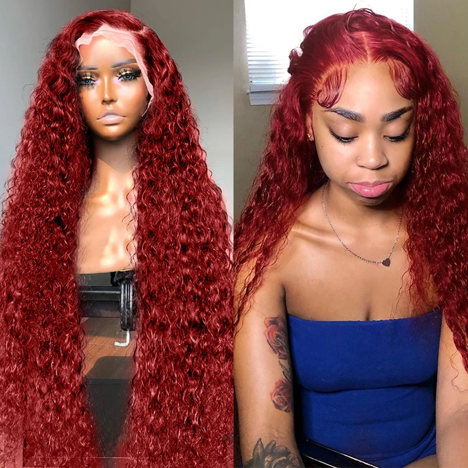 Burgundy Human Hair Lace Frontal Wigs Colored 99j Red Wig For Women Brazilian 13x4 Deep Wave 30 Inch Water Wave Lace Front Wig